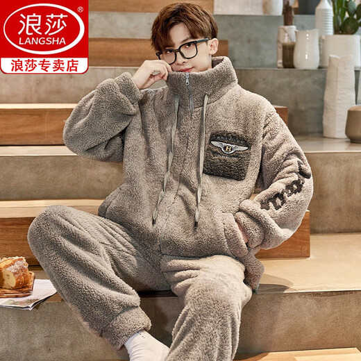 浪莎（langsha）睡衣男士冬季珊瑚绒加厚加绒新款法兰绒保暖青少年大码家居服套装 1342 【加绒加厚】 L 建议【95-125斤】