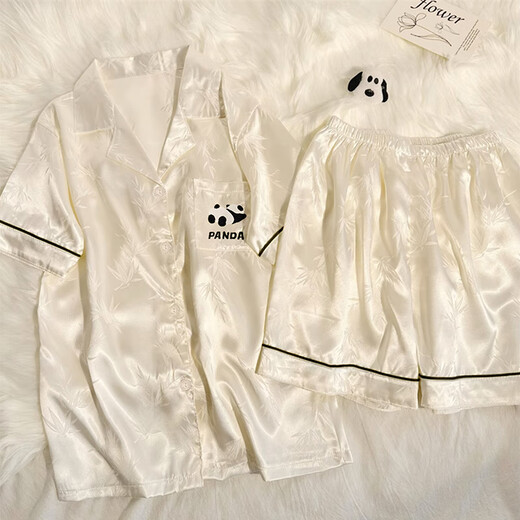 
Langsha high-end panda ice silk pajamas for women in summer thin short-sleeved 2025 new cardigan cute home clothing set YX-9227 polka dot 2XL [128-145Jin[Jin equals 0.5 kg]]