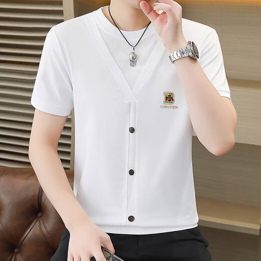 Woodpecker (Tucano) Design kurzärmelig T-Shirt Herren 2025 Sommer Neues leichter Luxus-Baumwoll-Basishemd gefälschter zweiteiliger runder Hals Top 6626 Schwarz 2xl 135-150Jin [Jin entspricht 0,5 kg]