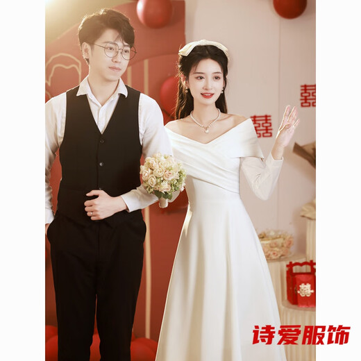
Dongjing one-shoulder white evening dress can be worn usually with engagement dress wedding dress bride registration white dress white long 3663 L