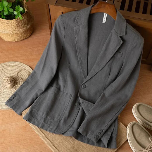 Romon suit jacket men's new casual cotton and linen old money style loose high-end loose slim ramie single layer suit jacket khaki 2XL