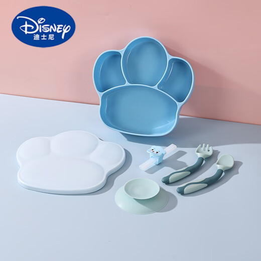 迪士尼（Disney）宝宝吃饭餐具全套婴儿餐盘吸盘式食品级儿童餐盘勺叉吸管吸盘 乐康可爱猫爪餐盘-蓝色 带防尘盖