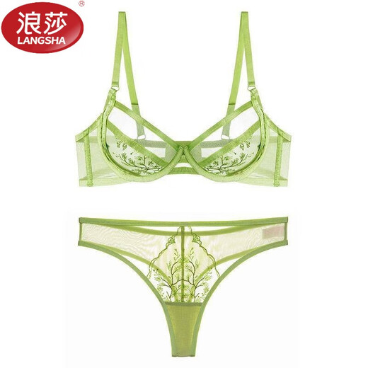 LangSha Ultra-Thin Sexy French Underwear Women's Crystal Cup Embroidered Lace Underwear Big Breast Revealing Small Hollow Transparent Bra Set White Set 70B