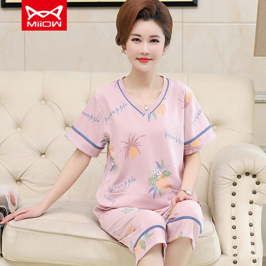 Catman MIIOW middle-aged mother pajamas for women in summer thin pure cotton short-sleeved cropped pants middle-aged and elderly people's home clothes plus size suit Watermelon red YMY-3937 M [Suggest 80-100Jin [Jin equals 0.5 kg]]