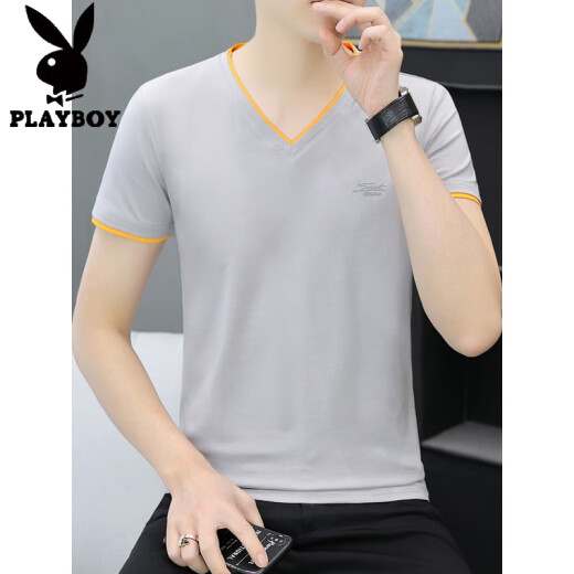 花花公子（PLAYBOY）纯棉V领男士短袖t恤2025夏季潮牌百搭修身冰丝半袖体恤上衣服男潮 黑色 QY691 M 100-115斤