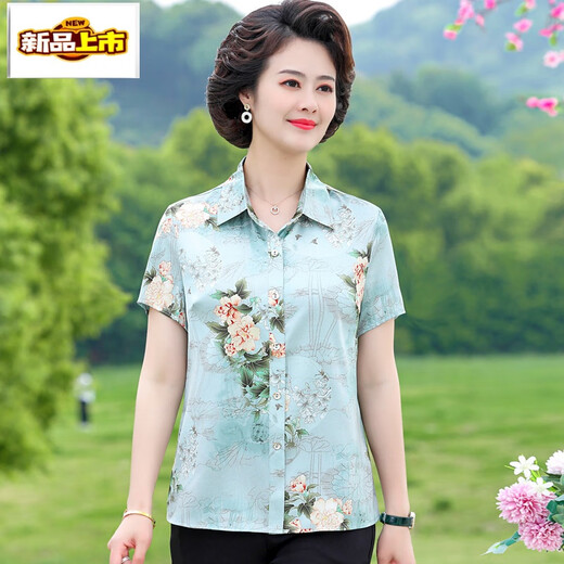初径中年妈妈夏装短袖衬衫时尚印花衬衣洋气中老年宽松上衣女 红色【6623款】 XL 【建议90-105斤】