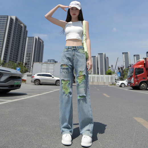 Kaizitu Maillard High Street Stickerei riss breite Beinjeans Lose Hosen Retro Blue Extended [L9227] xs