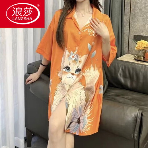 浪莎（LangSha）冰丝睡裙女夏季2024年新款网红风性感宽松大码衬衫睡衣可外穿 718托腮猫 L 【100-120斤】