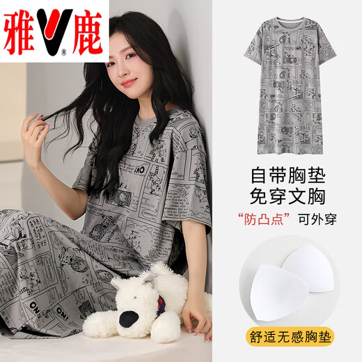 雅鹿棉质短袖睡衣女夏季薄款带胸垫甜美少女学生圆领夏天家居服 短//袖短//裤：B12241 XL 女110-125斤】