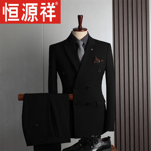 Hengyuanxiang suit men's suit wedding double-breasted British style lapel groom engagement wedding slim striped formal suit double-breasted black 2-piece set (top + pants) S (98-110Jin Jin equals 0.5kg)