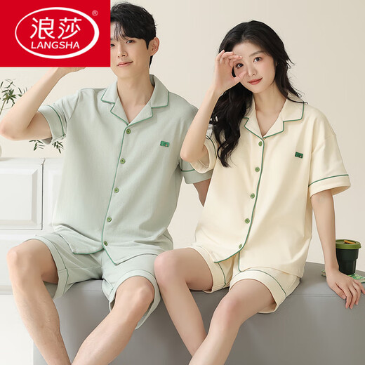浪莎（LangSha）情侣睡衣夏季纯棉短袖短裤简约开衫可外穿男士女款全棉家居服夏天 X12703-12803# M 女款：