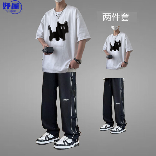 
Yuwu high-quality teenager sports suit men's summer cotton short-sleeved men's clothing 2025 new trendy handsome high school [two-piece set] 1048 pure cotton T-shirt gray + pants black S