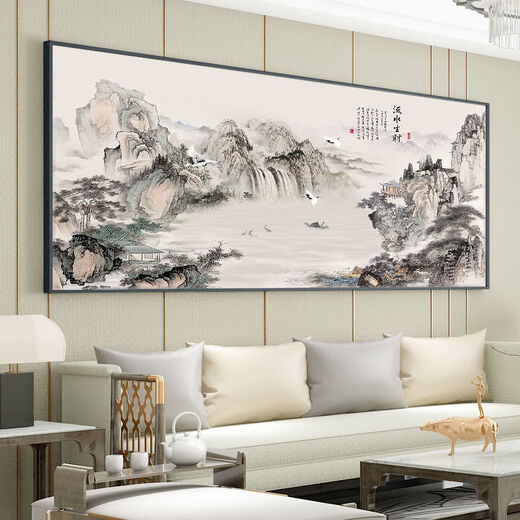 新中式客厅沙发背景墙壁画3D立体装饰画办公室山水国画风景挂画 CT-3887-背有靠山 160*70cm免钉油画布+黑色铝框