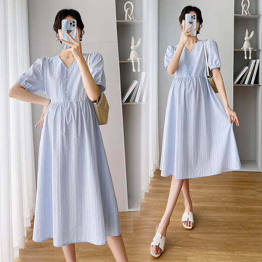 
Jingqi (JOYNCLEON) maternity dress summer 2025 new style female temperament summer breastfeeding skirt loose maternity summer long skirt light blue [buttons can breastfeed] Jly22130 L