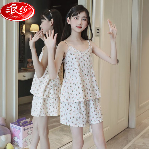 Langsha (Langsha) Pajamas de niñas, Padre-Spender Stafts Starts Swits Sweet Summer Algodón de algodón delgada Big Boy Girl Princess [gasa de algodón puro] LD11301# Milk Apricot Color M 8 Tamaño [Altura sugerida 95-105C]
