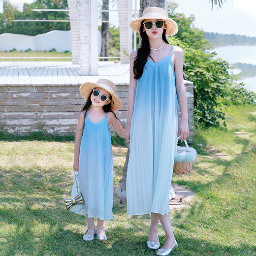 BUBBLE ORANGE Seaside parent-child wear mother-daughter dress beach 2026 summer new high-end holiday gradient suspender skirt blue dress 50 girls size 120 (recommended weight 38-45Jin Jin equals 0.5 kg)