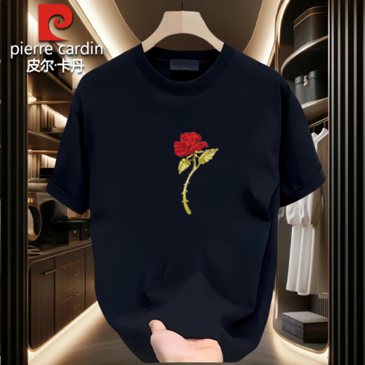皮尔卡丹短袖T恤男女情侣装潮牌圆领印花体恤纯棉简约宽松百搭半袖上衣夏 白色【前大图K1049 单朵红玫瑰花 S 建议90-斤