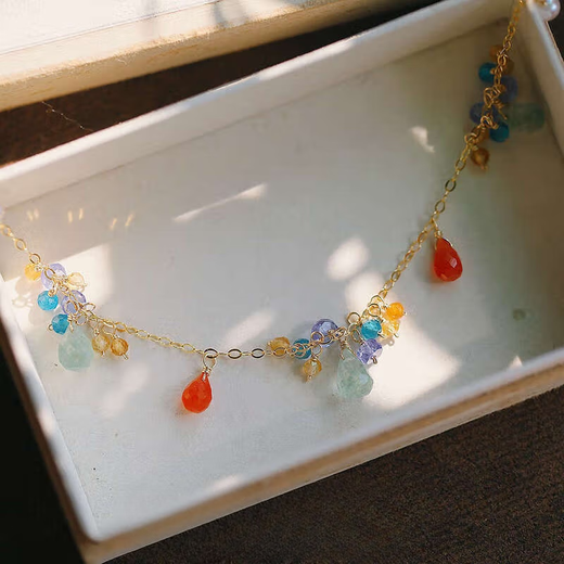 Paopu Chunshui Chunchiman original design fresh strawberry crystal tanzanite 14K gold-injected handmade bracelet, one size fits all, wrist circumference 14-16 cm