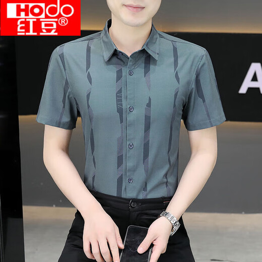 Rote Bohne (Hodo) Kurzärärmungshemd Herren Sommereis Ice Seide Cool Feel Free to Iron Tops hübsche anti-köpfige High-End-Elastizität Striped Trendy Shirt FJL7125 ++ Khaki M [95-110jin [Jin gleich 0,5 kg]]