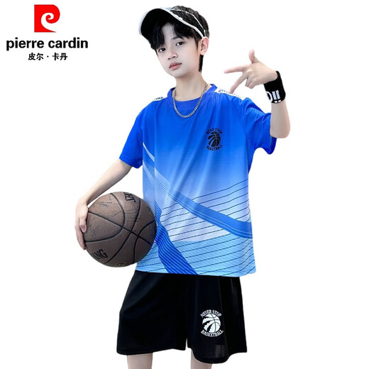 Pierre cardin boys basketball suit summer thin 2025 new mid-large children sports summer suit children's short-sleeved quick-drying clothes blue-9905 short-sleeved suit 120