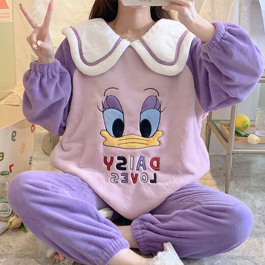 FHHUABD睡衣女秋冬季法兰绒韩版甜美卡通公主风家居服珊瑚绒加厚保暖套装 【9922绒】返领草莓 L
