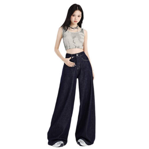 简方位深蓝美式宽松阔腿牛仔裤女2025年夏季新款垂感慵懒休闲拖地直筒裤 9893深蓝长裤 XS