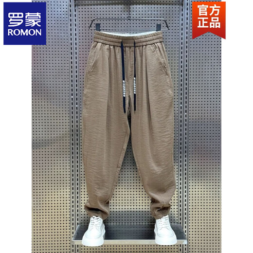 罗蒙（ROMON）2025夏季新款棉麻透气垂感休闲裤男潮流褶皱哈伦裤宽松萝卜裤 黑色 2XL