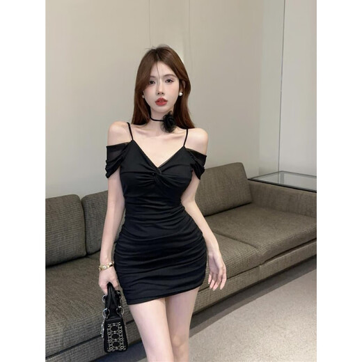 蝶霓斯夜店纯欲露锁骨吊带短裙女夏装新款设计感辣妹扭结皱褶包臀连衣裙 酒红色 【原版面料 / 质量可对比 M 建议 98-110斤