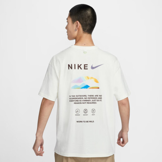 耐克（NIKE）纯棉印花短袖男士跑步上衣宽松半袖夏季新款运动T恤 帆白色/HF6172-133 纯棉透气  L 130-150斤