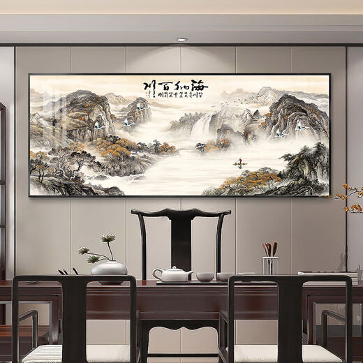 Office landscape painting New Chinese style Chinese painting High-end living room hanging painting Living room decoration painting Zhongtang mural crystal porcelain painting SLH-9793 Hongyun permanent horizontal width 210* vertical height 90cm black frame classic + 35mm