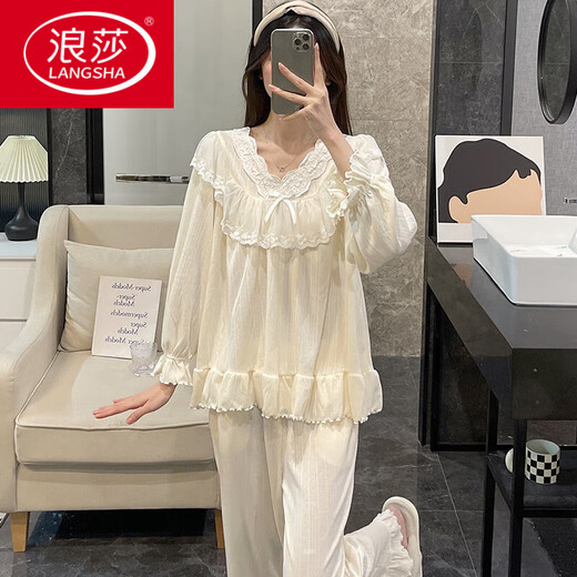 LangSha lace long-sleeved pajamas for women's new spring and autumn pure cotton sweet princess style student casual home clothing set KYX-9904# gray blue (double length) M