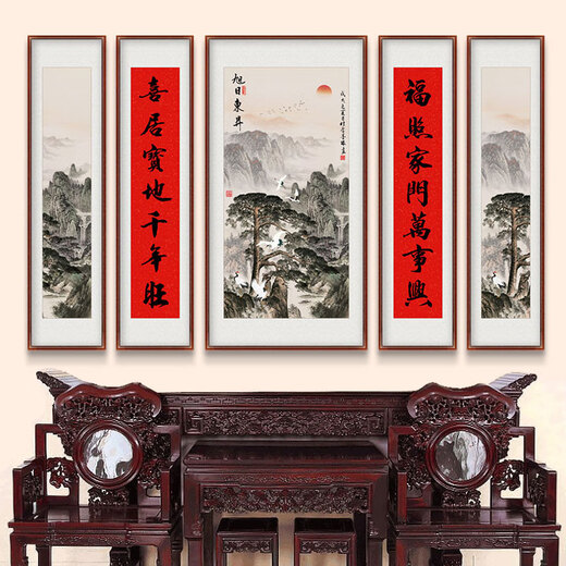 Wulian Zhongtang Gemälde Gemälde Wohnzimmer Hängende Malerei ländliche Lobby Atmosphärische Hintergrund Wandlandschaftsmalerei Neues chinesisches Stil Mountain Backing Dekoration Gemälde 584_09 Stil 13565 cm*30 cm Mitte + vier 135 Weitmaserholzrahmen + Öl Canvas (Matt)