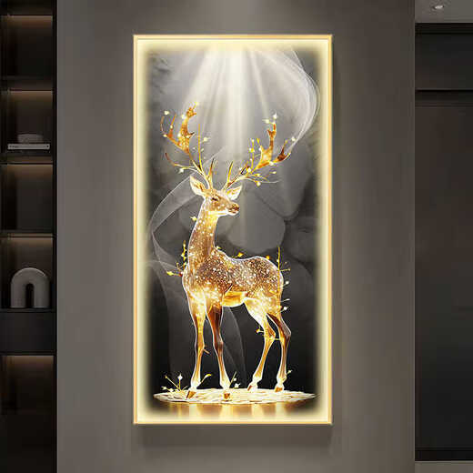 Chengzai Fugui Elk Living Room Decoration Painting Light Luxury Atmospheric LED Lights Directly opposite the door Wall Mural Painting Hallway Hanging Painting T12859 50*100 (Suggested 0.7-0.8 meters wall) Textured oil canvas aluminum alloy gold frame [no lamp]
