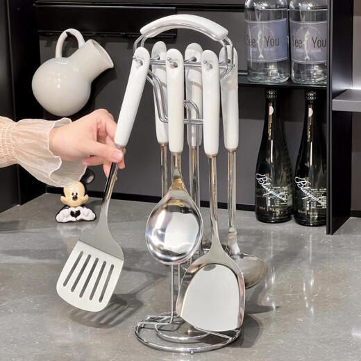 Spátula de la cocina Yusenyi Cucharara juego completo de cuchara de sopa doméstica Cosla de arroz de arroz salteando spátula antiadherente antiadherente utensilio de cocina engrosado conjunto de siete piezas de espátula de acero inoxidable juego completo de 854 piezas de 854