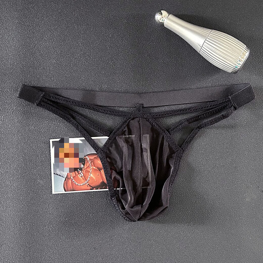 Men's elastic thong transparent sexy mesh underwear hollow underwear gay sexy suit hollow strap 1 black