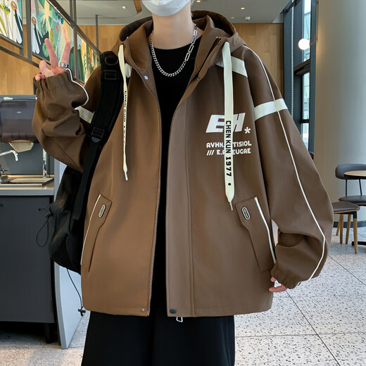 FHHUABD春秋青少年外套男孩初中生中学生14潮牌帅气15岁大童男装连帽夹克 9207米白连帽外套 M (约75-100斤)