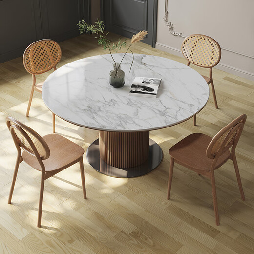 Gaode Meiju solid wood round dining table home modern simple log big round table new pearl litho board round dining table chair combination wasaki style 120 round table + 80 turntable (new pearl) + CY684*4