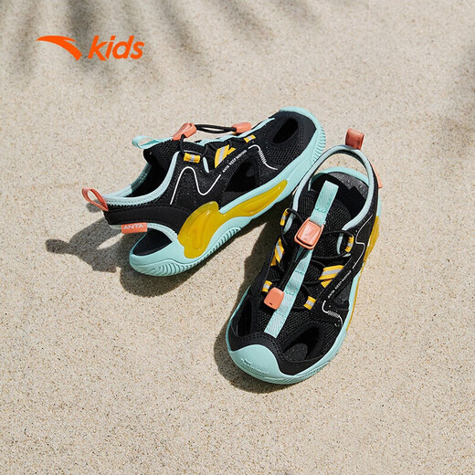 ANTA children's sandals boys autumn breathable outdoor non-slip wear-resistant toe-toe beach shoes D black/ice water green/gum yellow 28