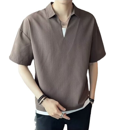 RONGXITU summer two-piece short-sleeved T-shirt men's Korean style trendy casual top 629-682 brown L