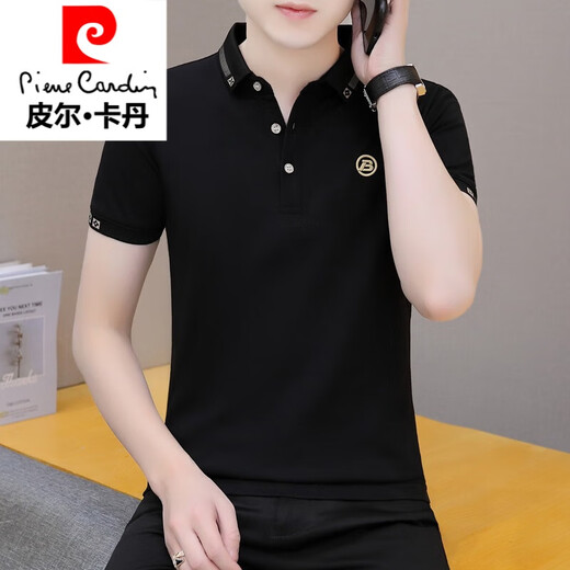 Pierre cardin knitted 2025 summer new men's short-sleeved T-shirt lapel t-shirt trendy casual ice silk collared half-sleeved top black QY682 3XL Recommended 165-180Jin [Jin equals 0.5 kg]