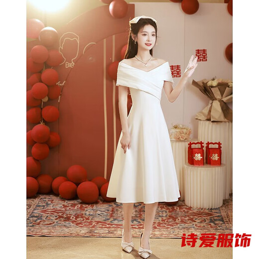 
Dongjing one-shoulder white evening dress can be worn usually with engagement dress wedding dress bride registration white dress white long 3663 L