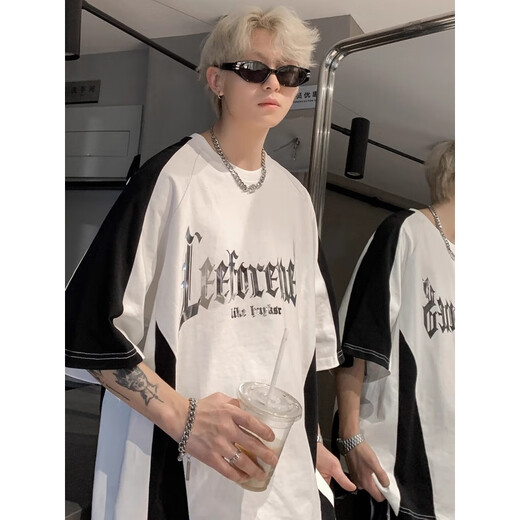 POUM Camiseta de manga corta para hombres Poum Camiseta de manga corta Impresión de letras de verano para hombres American High Street Bloqueo de color Hands Blaking Color de manga corta YHSFG-D5012 Black XL