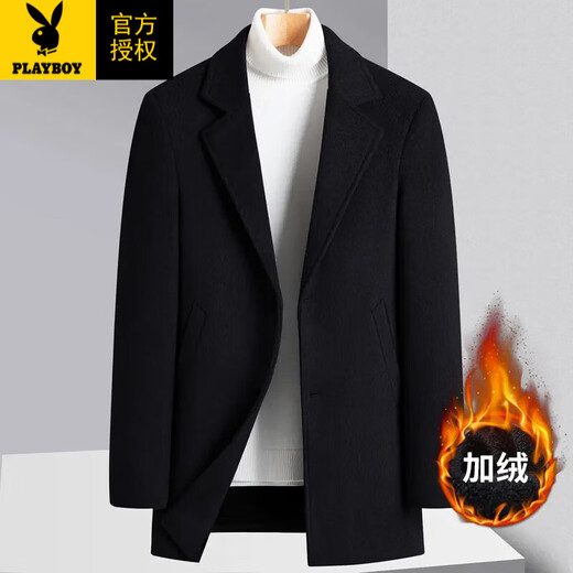 Playboy (PLAYBOY) woolen coat men's autumn and winter new thickened youth short plus velvet business casual woolen velvet coat for men black cotton 2XL
