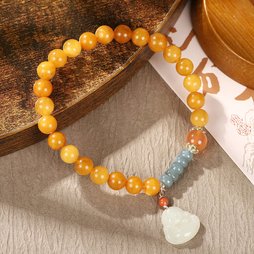 Chi Xing New New Chinese Style Retro Old Beeswax Flat Bead Bracelet Internet Celebrity Hetian Jade Pendant Bracelet Couple Buddha Beads Wenwan Natural Old Beeswax + Hotan Jade Buddha
