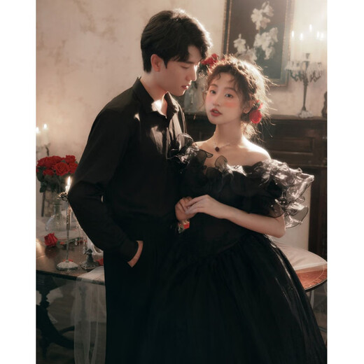 康美诗黑色晚礼服情侣婚纱照订婚写真 红色 L