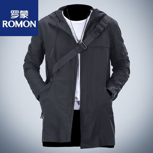 罗蒙（ROMON）2025新款春秋装潮流长款工装防风大衣春秋季连帽休闲夹克男款 绿色【高品质】 M