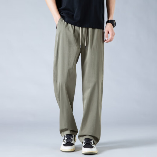 
POUM ice silk straight pants men's summer loose sports breathable drape wide-leg quick-drying pants 6636 military green 3XL