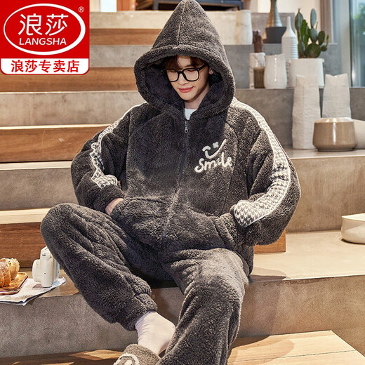 浪莎（langsha）睡衣男士冬季珊瑚绒加厚加绒新款法兰绒保暖青少年大码家居服套装 1342 【加绒加厚】 L 建议【95-125斤】