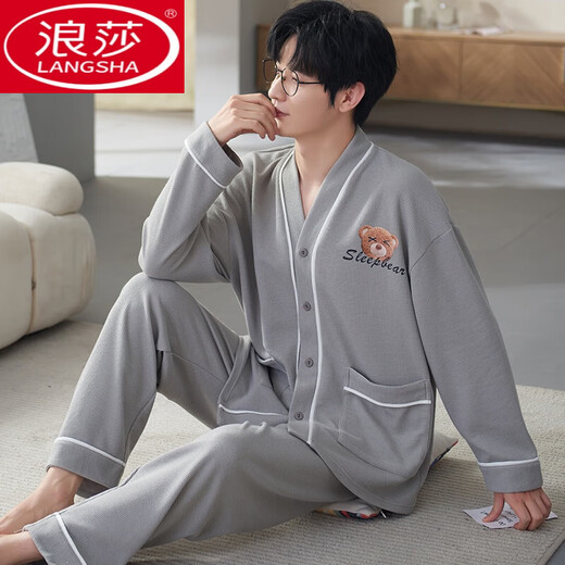 Langsha Herren Pyjamas Frühlings- und Herbst Pure Cotton 2024 Neue Long-Ärger-Strickwagen-Herbst- und Winterstudenten können Hauskleidung mit LS1342 Cardigan Anzügen L Männer tragen [empfohlen 100-120 Jin [Jin gleich 0,5 kg]]