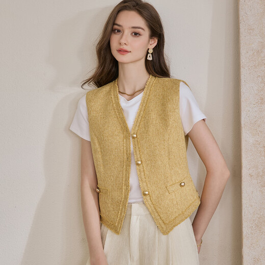 Roeyshouse Luoyi Modependler Set Frauen 2025 Sommer neuer Stil High-End-gelbe Weste Straight Hosen zweiteiliger Set 12210 Set S